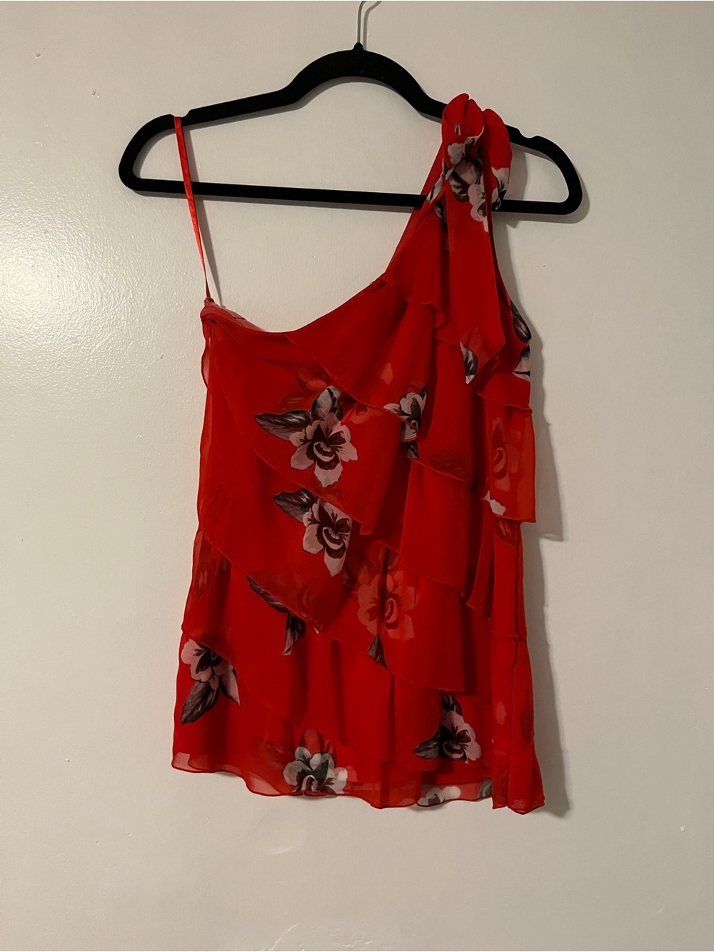 White House Black Market Red Floral One-Shoulder Ruffle Camisole